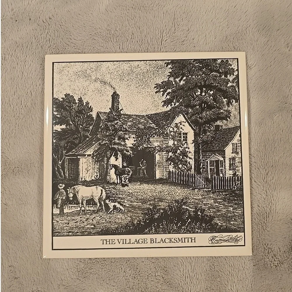 CURRIER & IVES ARTile Trivet ~‎ The Village Blacksmith ~ Black & White With Box